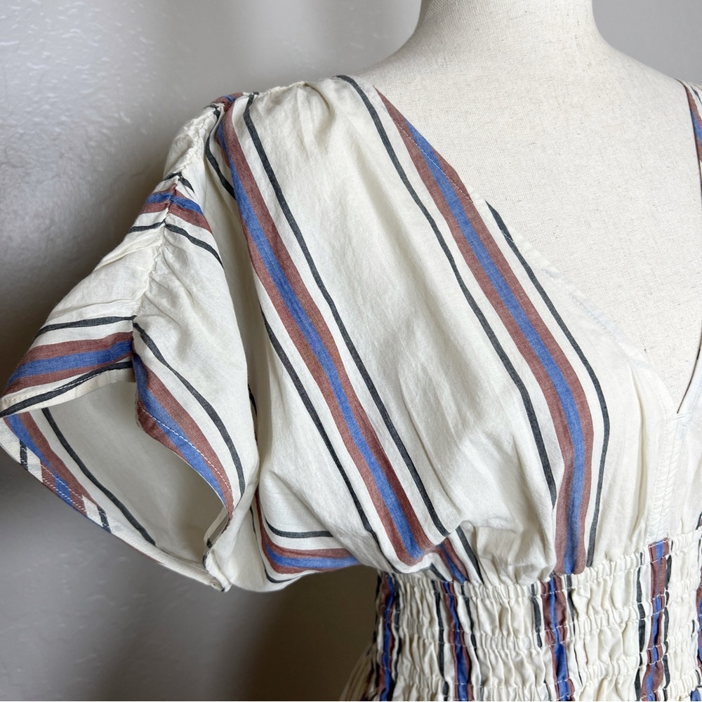 LOFT Beach Women’s Size S Ivory Blue Striped Smocked V-Neck Midi Dress Pockets - Picture 5 of 15